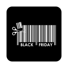 Icono plano codigo de barras tijeras BLACK FRIDAY en cuadrado negro