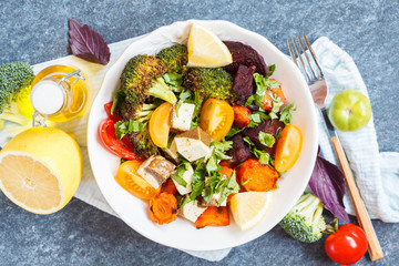 Vegetarian salad of baked vegetables and tofu