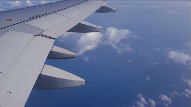 Wing of an airplane flying above the clouds.
View inside plane window with blue horizon background on a sunny day.
