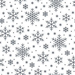 Weihnachten, nahtloses Muster des neuen Jahres, Schneeflockenlinienillustration. Vektor-Icons von Winterferien, Schneeflocken der kalten Jahreszeit, Schneefall. Celebration Party schwarz weiß wiederholter Hintergrund.