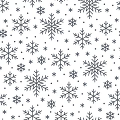 Behang Kerstmis, nieuwjaar naadloos patroon, sneeuwvlokken lijn illustratie. Vectoriconen van de wintervakantie, de sneeuwvlokken van het koude seizoen, sneeuwval. Viering partij zwart wit herhaalde achtergrond. © nadiinko
