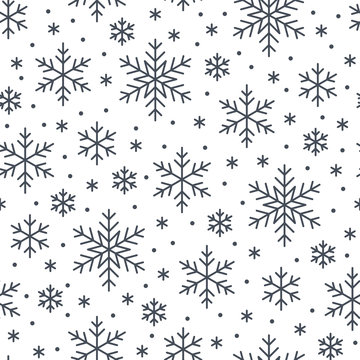 Christmas, new year seamless pattern, snowflakes line illustration. Vector icons of winter holidays, cold season snow flakes, snowfall. Celebration party black white repeated background.