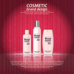 3D realistic cosmetic bottle ads template. Cosmetic brand advertising concept design with glowing sparkles on abstract texture background
