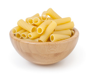 Rigatoni pasta in wooden bowl isolated on white background with clipping path
