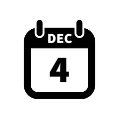Simple black calendar icon with 4 december date isolated on white