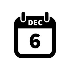 Simple black calendar icon with 6 december date isolated on white