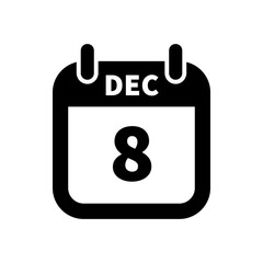 Simple black calendar icon with 8 december date isolated on white