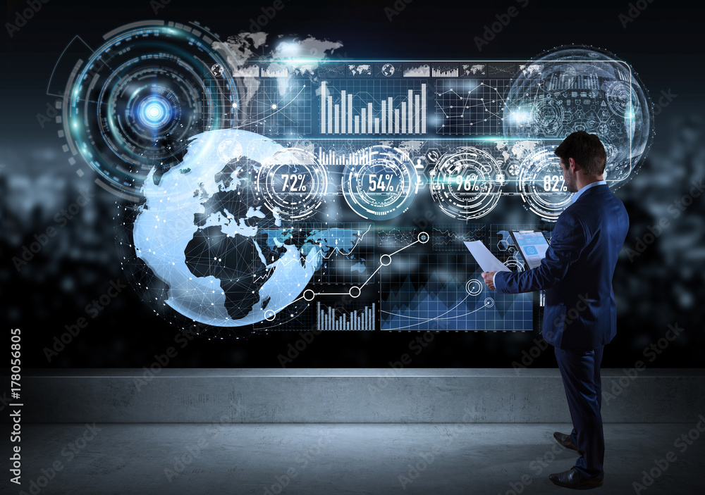 Poster Businessman watching graph screens interface on a rooftop 3D rendering