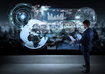 Businessman watching graph screens interface on a rooftop 3D rendering