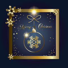 Fototapeta na wymiar Vector Christmas greeting card with gold Christmas ball, snine snowflakes and glitter confetti. Festive frame decoration.