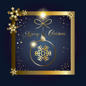 Vector Christmas greeting card with gold Christmas ball, snine snowflakes and glitter confetti. Festive frame decoration.