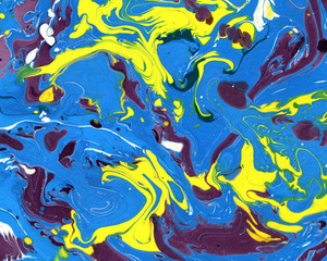 Abstract marbling ebru blue and yellow background