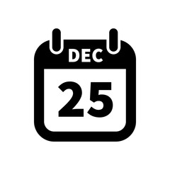 Simple black calendar icon with 25 december date isolated on white