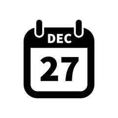 Simple black calendar icon with 27 december date isolated on white