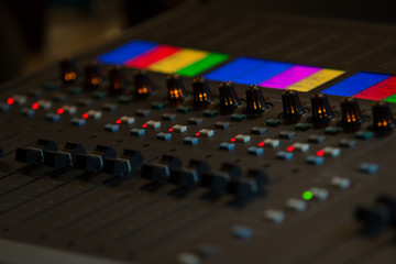 Close up photo of audio mixer. Sound control panel at concert