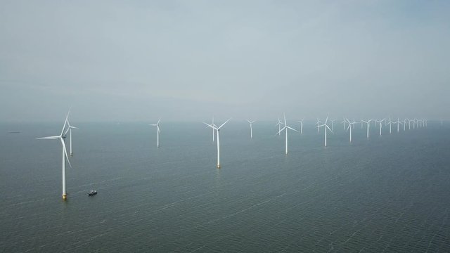 Aerial of offshore Windmill farm at sea westermeerwind by urk Netherlands 
