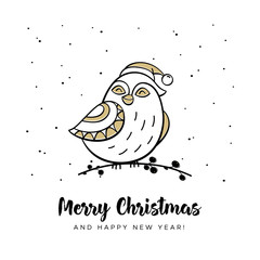 Christmas greeting card. Hand drawn bird in the Santa hat. Vector illustration in cartoon style