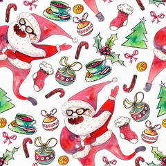 large raster seamless pattern with dancing santa, christmas tree and holiday accessories drawn with watercolor on white paper.