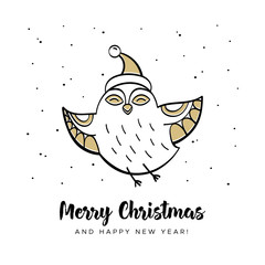 Christmas greeting card. Hand drawn bird in the Santa hat. Vector illustration in cartoon style