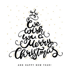 We wish you a Merry Christmas text. A quote written in the form of a Christmas tree. Design element for congratulation cards, banners and flyers. Vector illustration in modern style.