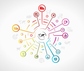 Logistics concept illustration with colorful icons over grid 