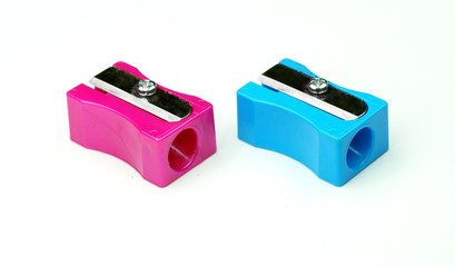 manual blue pencil sharpener, isolated on the white background