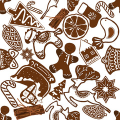 Seamless pattern of hand drawn sketch style Christmas and New Year themed objects. Vector illustration isolated on white background.