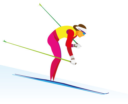 A young woman is a cross-country skier racer who descends from the mountain