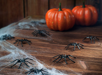 Halloween background with spiders on rustic wooden background