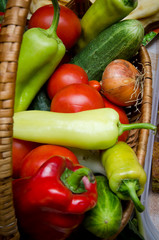 group of colorful vegetables in wooden basket for food festival