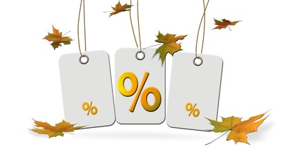 Autumn sale - hanging signs with percent and autumn leaves - 3d rendering
