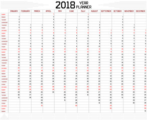 Year 2018 Planner - An annual planner calendar for the year 2018 on white. A custom straight lines thick font is used.