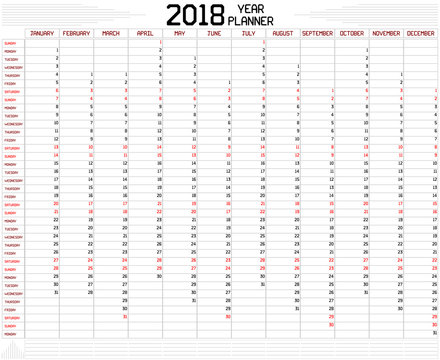 Year 2018 Planner - An annual planner calendar for the year 2018 on white. A custom straight lines thick font is used.