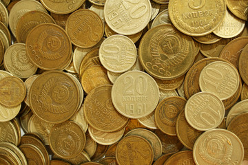 Soviet union coins background. Metal money of USSR.