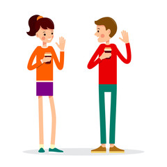 Man and woman are standing drinking hot drink