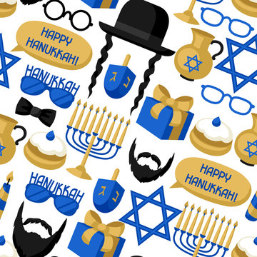 Happy Hanukkah seamless pattern with photo booth stickers. Accessories for festival and party