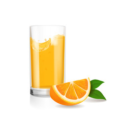 Fresh orange and glass with juice. Realistic vector illustration
