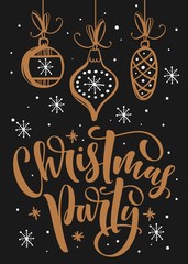 Vector christmas party invitation with decorations. Holiday vector template with hand drawn graphic.