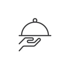 Tray in waiter hand line icon, outline vector sign, linear style pictogram isolated on white. Cloche food cover symbol, logo illustration. Editable stroke