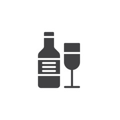 Wine bottle and wineglass icon vector, filled flat sign, solid pictogram isolated on white. Party and event symbol, logo illustration.
