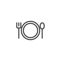 Plate with fork and spoon line icon, outline vector sign, linear style pictogram isolated on white. Dinner time symbol, logo illustration. Editable stroke