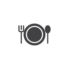 Plate with fork and spoon icon vector, filled flat sign, solid pictogram isolated on white. Dinner time symbol, logo illustration.