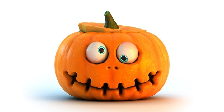 3D Rendering of Funny Orange cockeyed Halloween Pumpkin or Jack O Lantern Isolated White background.
