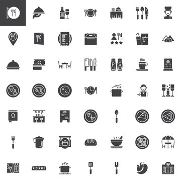 Restaurant cafe vector icons set, modern solid symbol collection, filled pictogram pack. Signs, logo illustration. Set includes icons as as restaurant sign, restaurant location, dishes and food