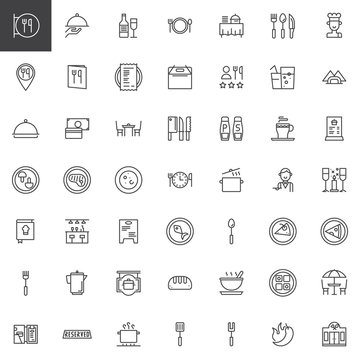 Restaurant cafe line icons set, outline vector symbol collection, linear style pictogram pack. Signs, logo illustration. Set includes icons as restaurant sign, restaurant location, dishes and food
