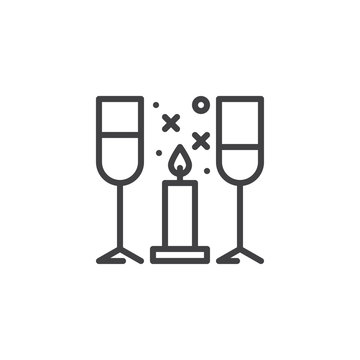 Wine glasses and candle line icon, outline vector sign, linear style pictogram isolated on white. Romantic dinner, valentine day symbol, logo illustration. Editable stroke