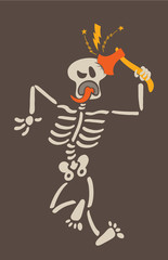 Weird skeleton giving a violent blow to its own skull with a sharp axe. The skeleton is showing signals of pain such as clenching an eye, sticking its tongue out and contorting its body