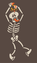 Weird skeleton boring a hole in its own skull with a hand drill. The skeleton is showing signals of pain such as clenching its eyes, sticking its tongue out and twisting its legs