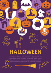 Halloween Banner. Halloween Icons in circles on textured backdro