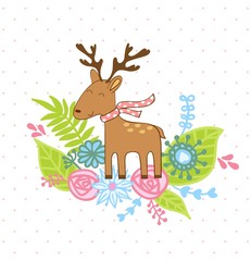 Hello. Greeting card with reindeer in vector.